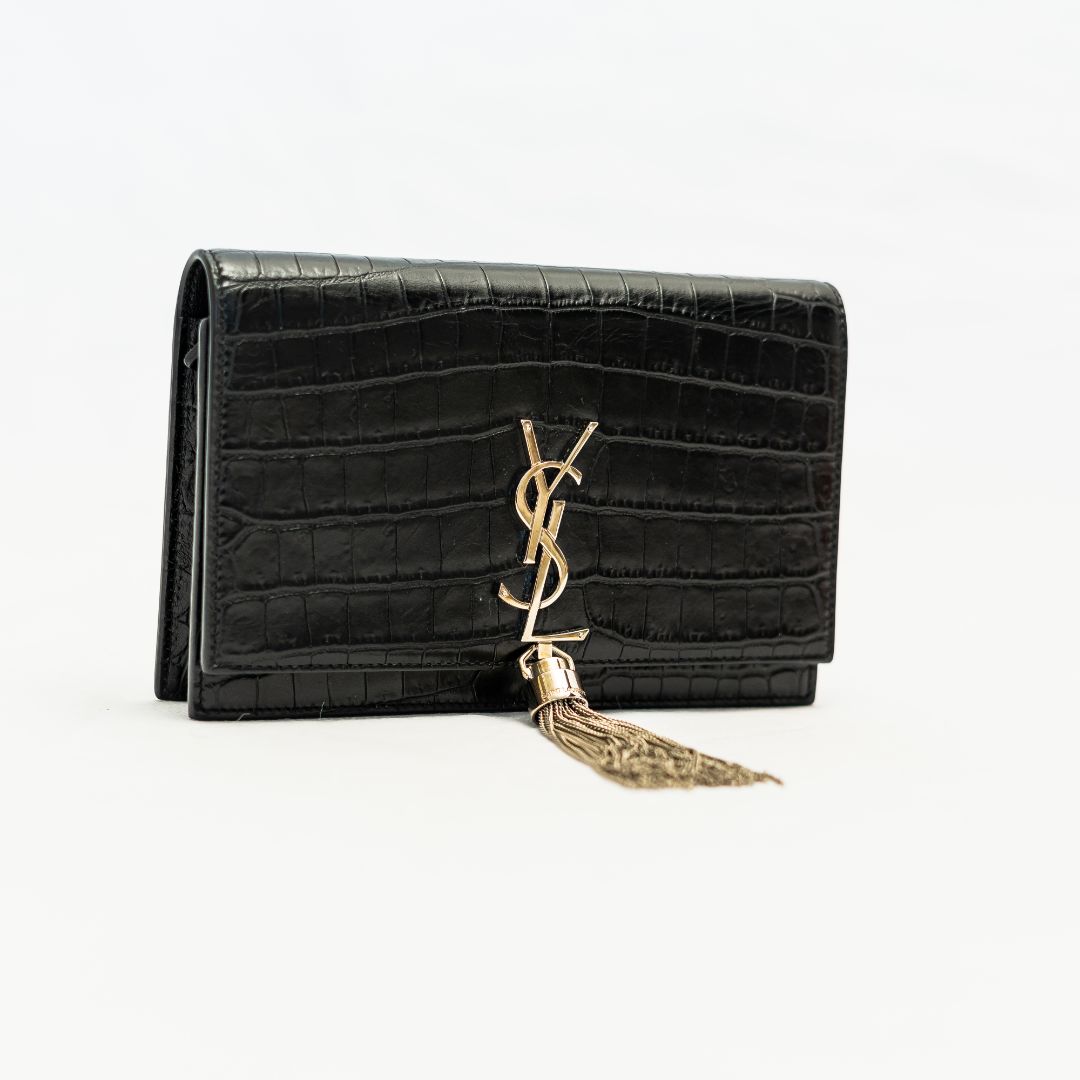 Saint Laurent Kate black croc embossed small tassel chain bag