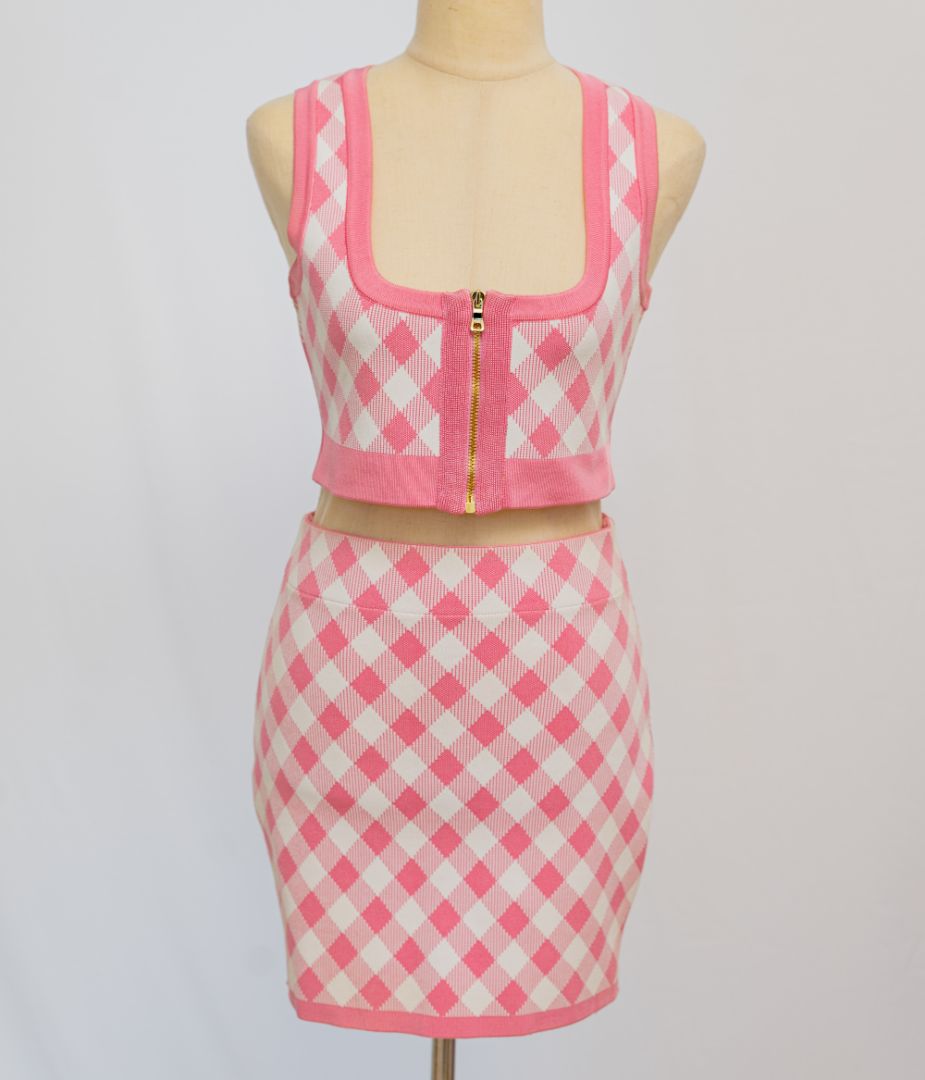 Balmain pink check sleeveless zip up top with skirt
