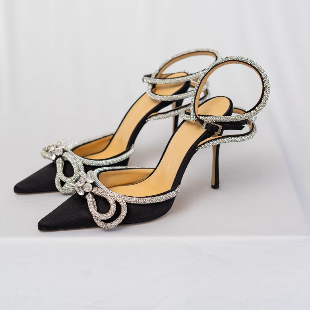 Mach & Mach Crystal Bow Black Pumps in Satin, 40