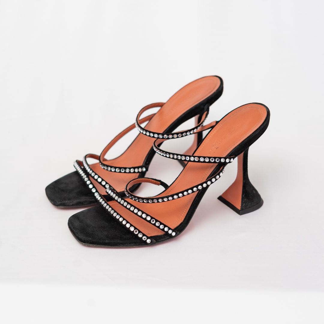 Amina Muaddi Black Suede Gilda Heel with Crystals, 38