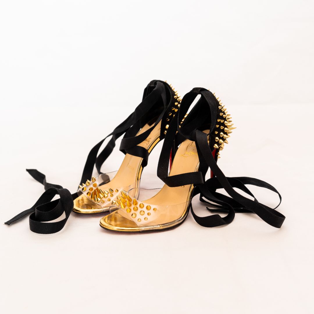 Christian Louboutin Black Suede and PVC Barbarissima Spike Wrap Sandals 37