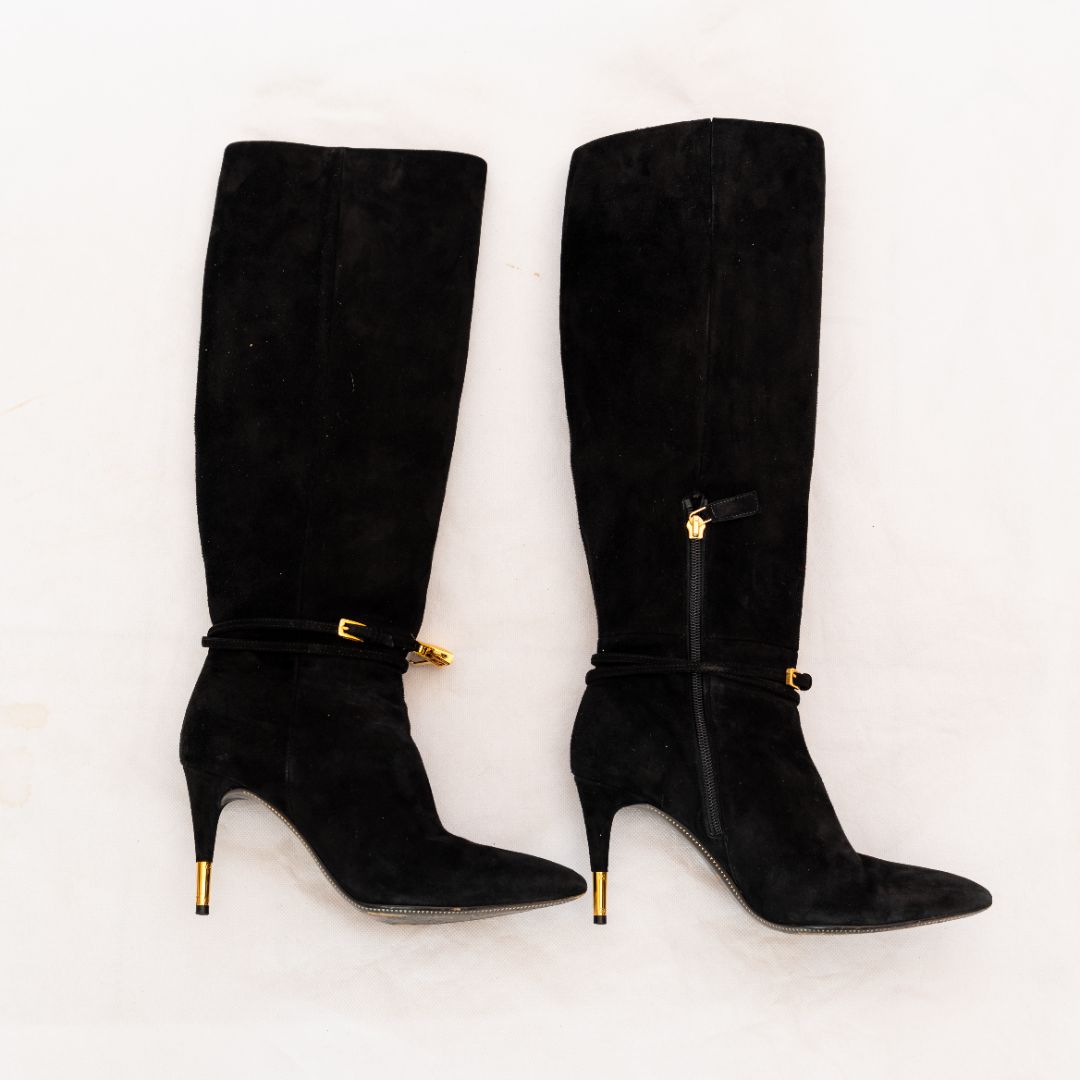 Tom Ford Black Suede Lock Strap Knee Length Boots 37.5