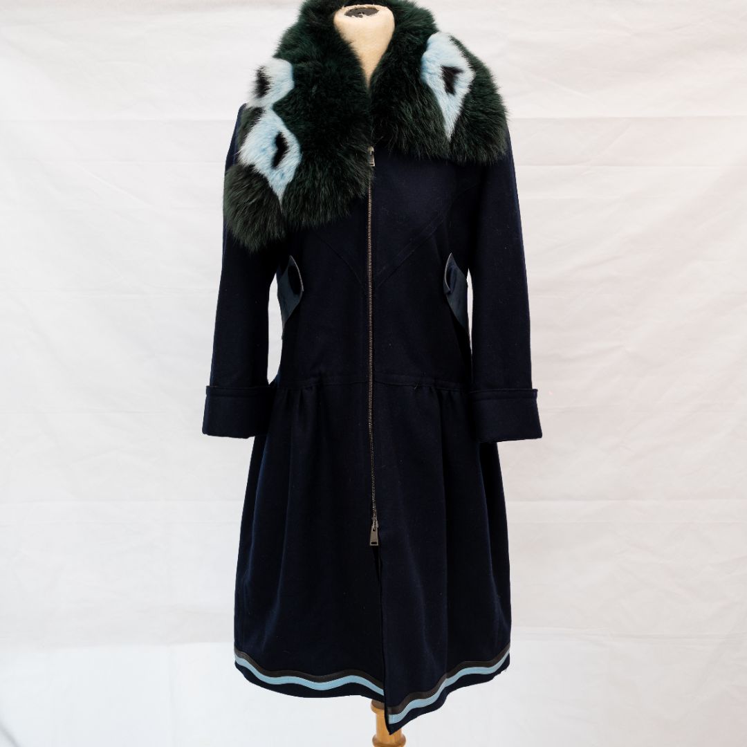 Fendi Fox Fur Collar Coat in Navy Blue Lana Vergine