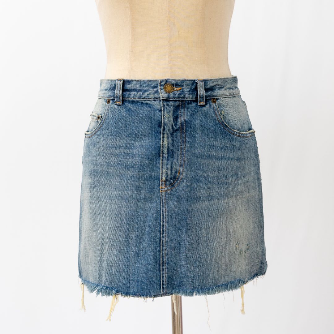 Saint Laurent Blue Denim Distresed Mini Skirt