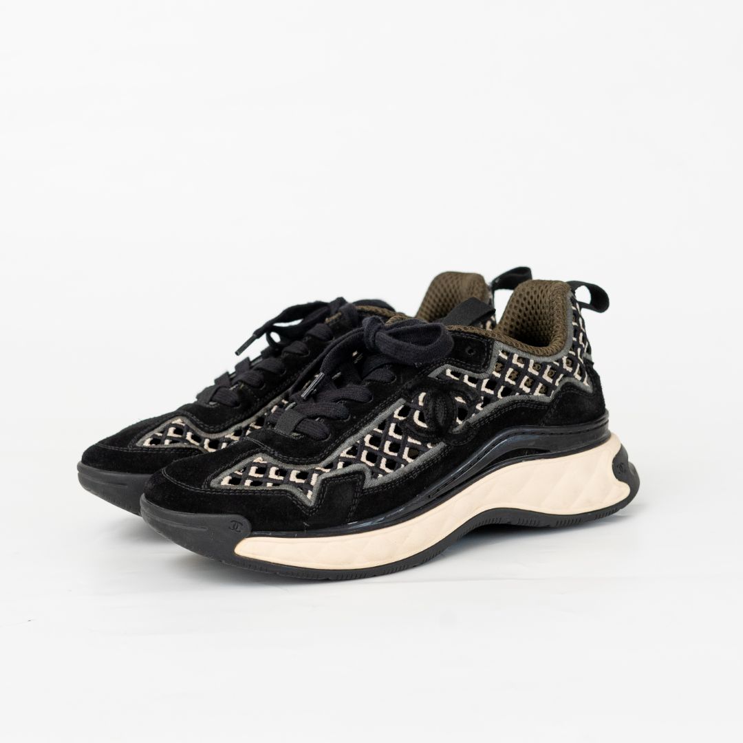 Chanel Black/Grey Suede and Mesh Calfskin Embroidered CC Sneakers, 37.5