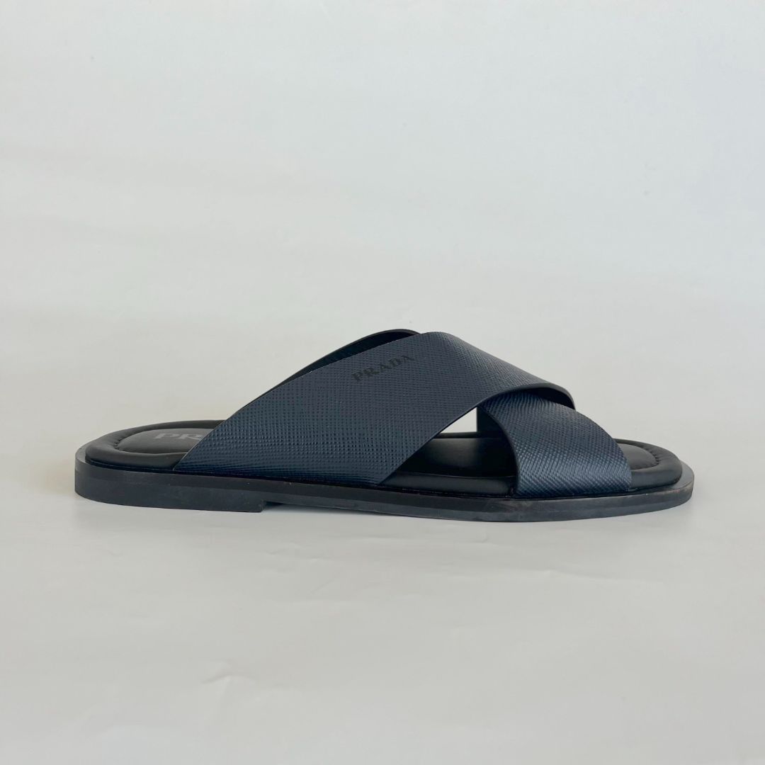 Prada Saffiano Cuir Leather Sandals, Mens 42.5