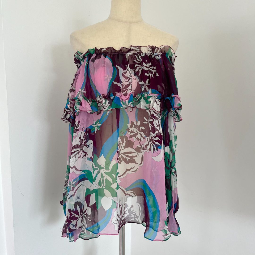 Emilio Pucci sheer printed ruffle off-shoulder silk long sleeve top