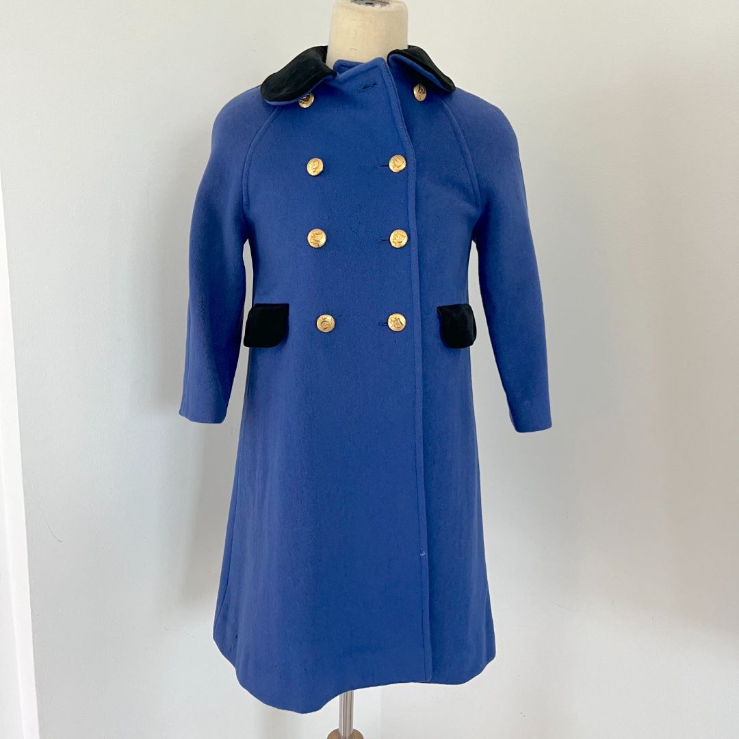 Christian Dior Vintage Blue Coat with Black Fur and Gold Buttons