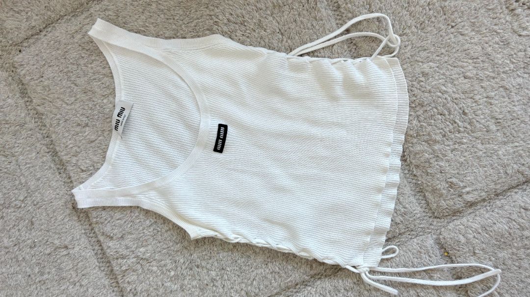 Miu Miu white ribbed top with drawstring sides