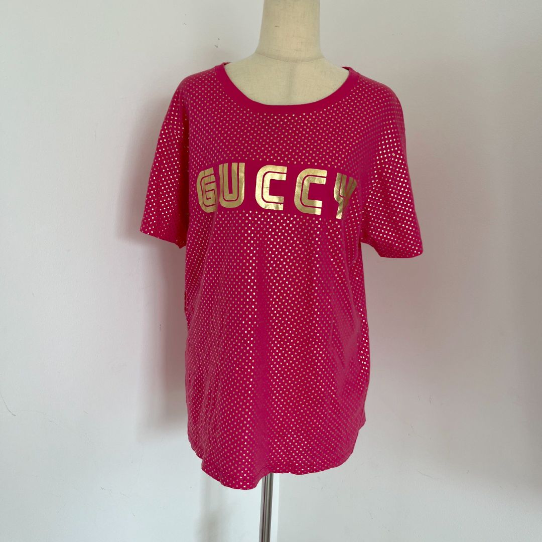 Gucci Pink Gold Metallic GUCCY Star Printed T Shirt