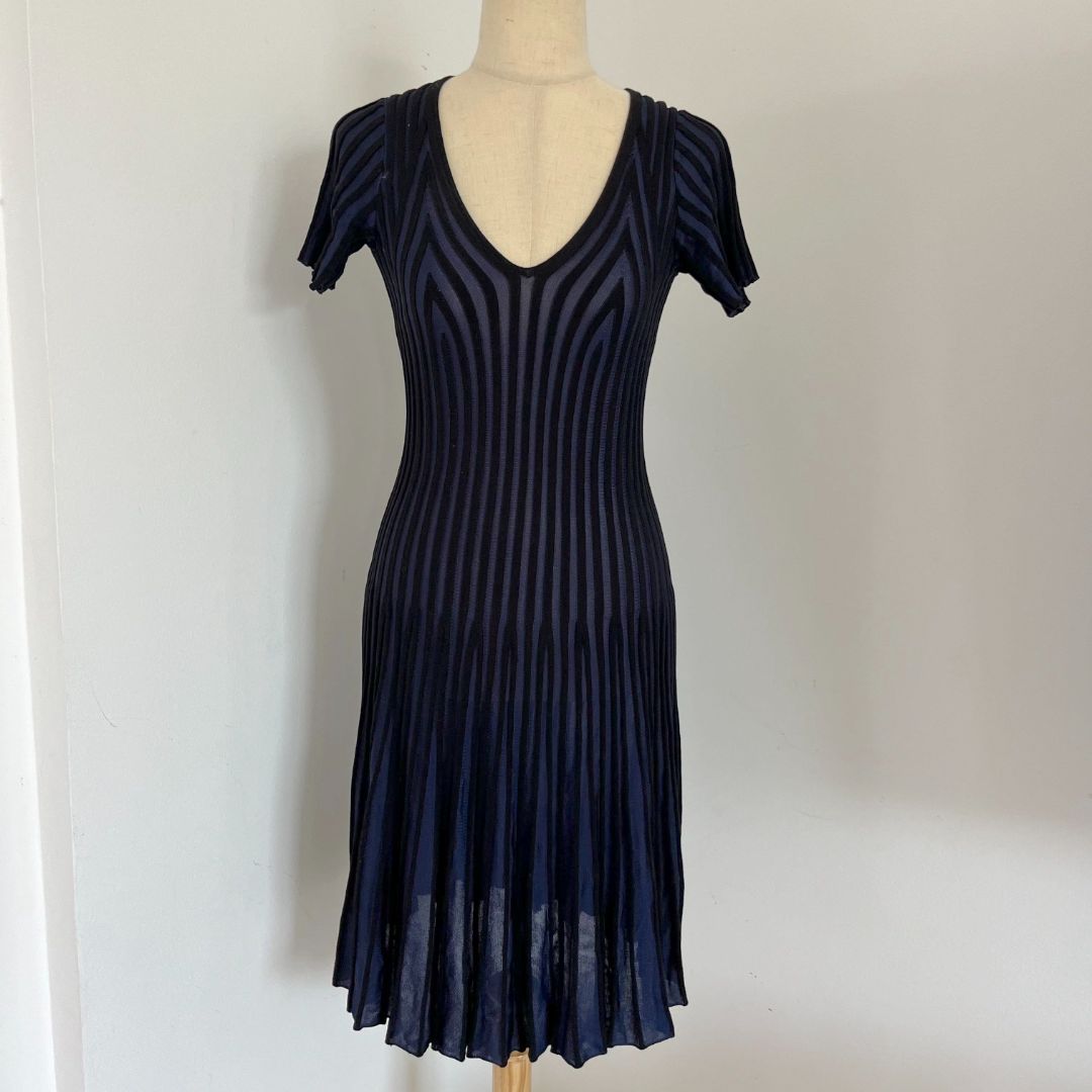 Kenzo navy and black vertical ridged v neck mini dress
