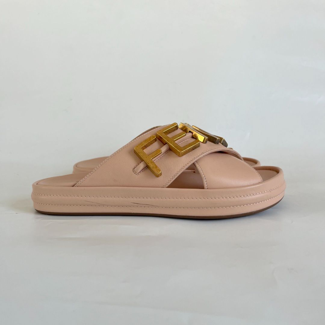 Fendi Pink Leather Fendigraphy Slide Sandals , 38.5