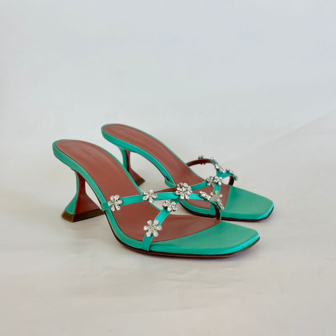 Amina Muaddi Green Lily Heeled Sandals, 37.5