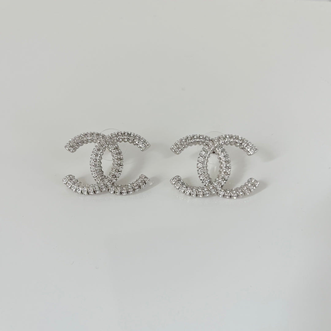 Chanel CC Crystal Stud Silver Large Earring