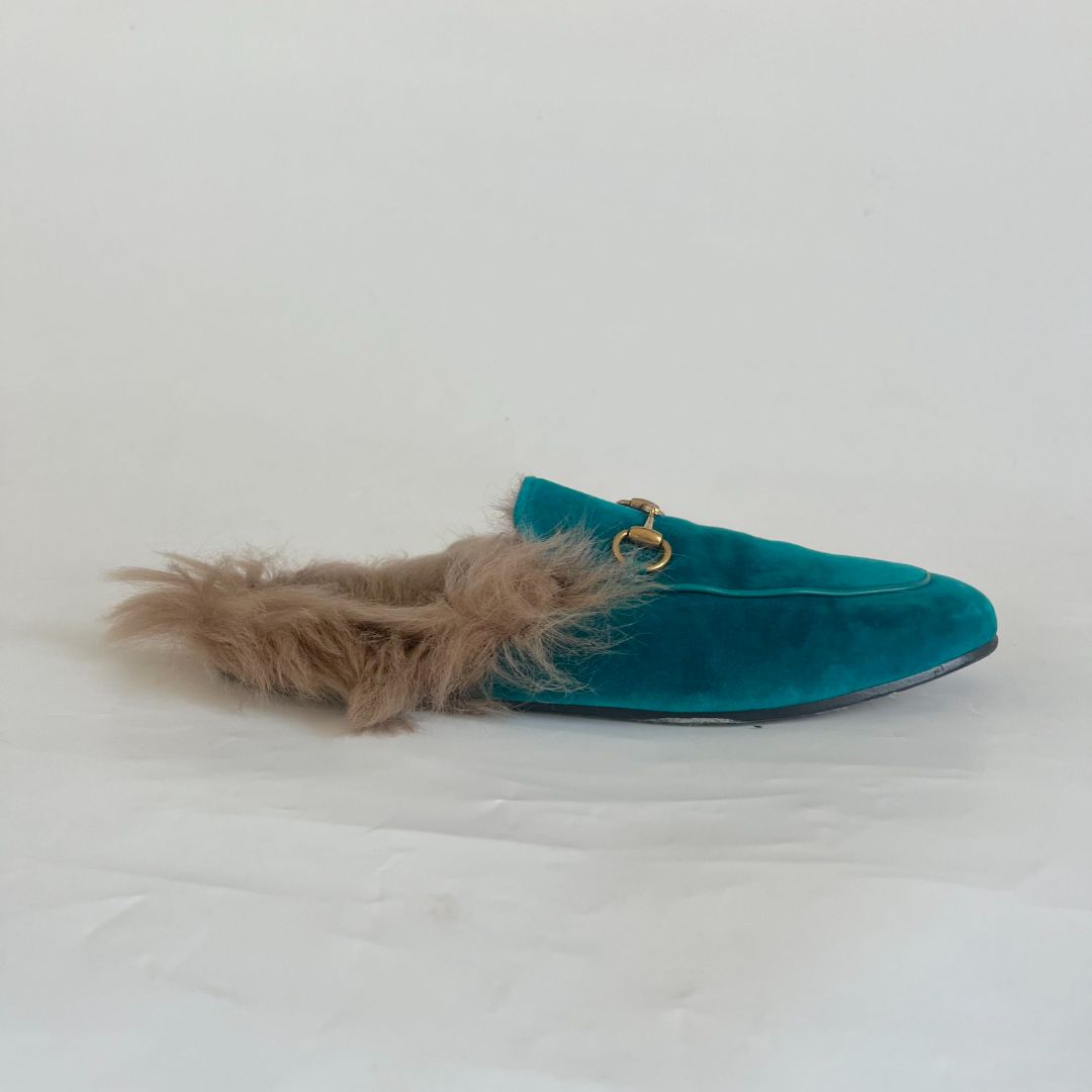 Gucci Turquoise Velvet Princetown Fur Mules, size 39