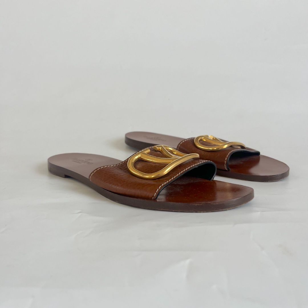 Valentino VLogo leather brown slides, 38.5