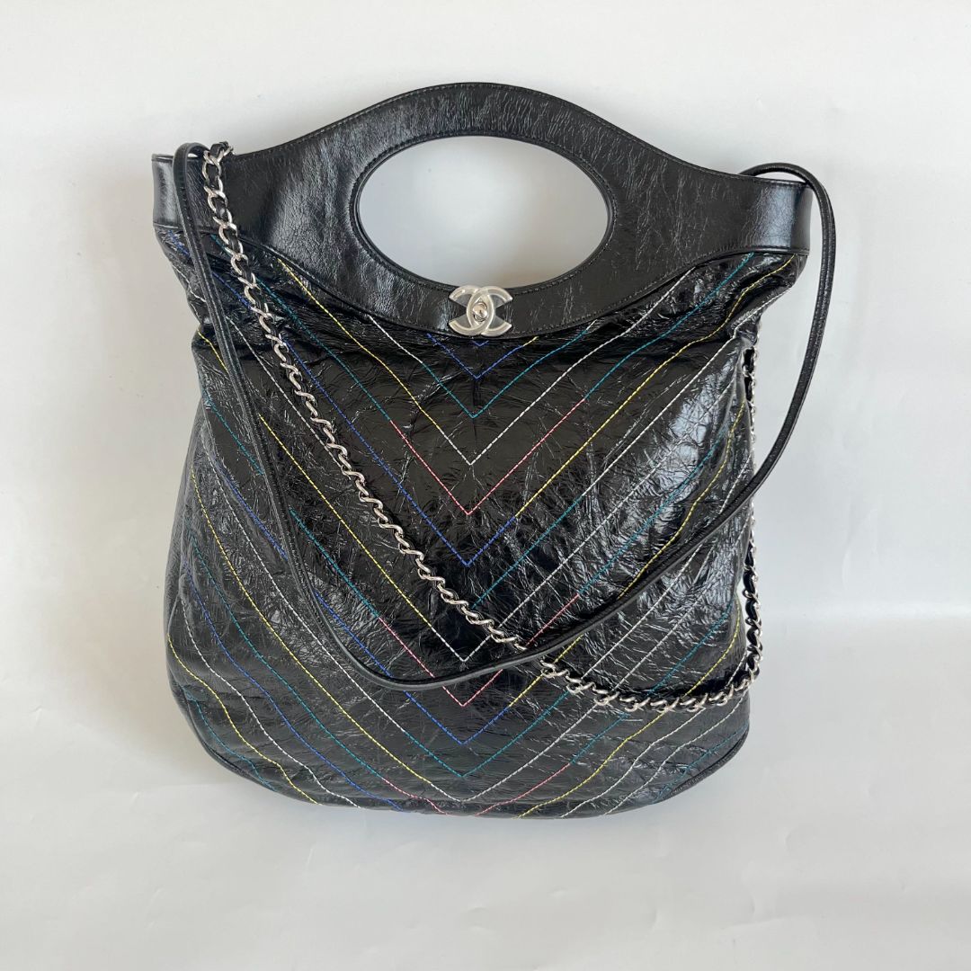 Chanel Glazed Calfskin Chevron Stitched Large 31 Shopping Bag Black Multicolor