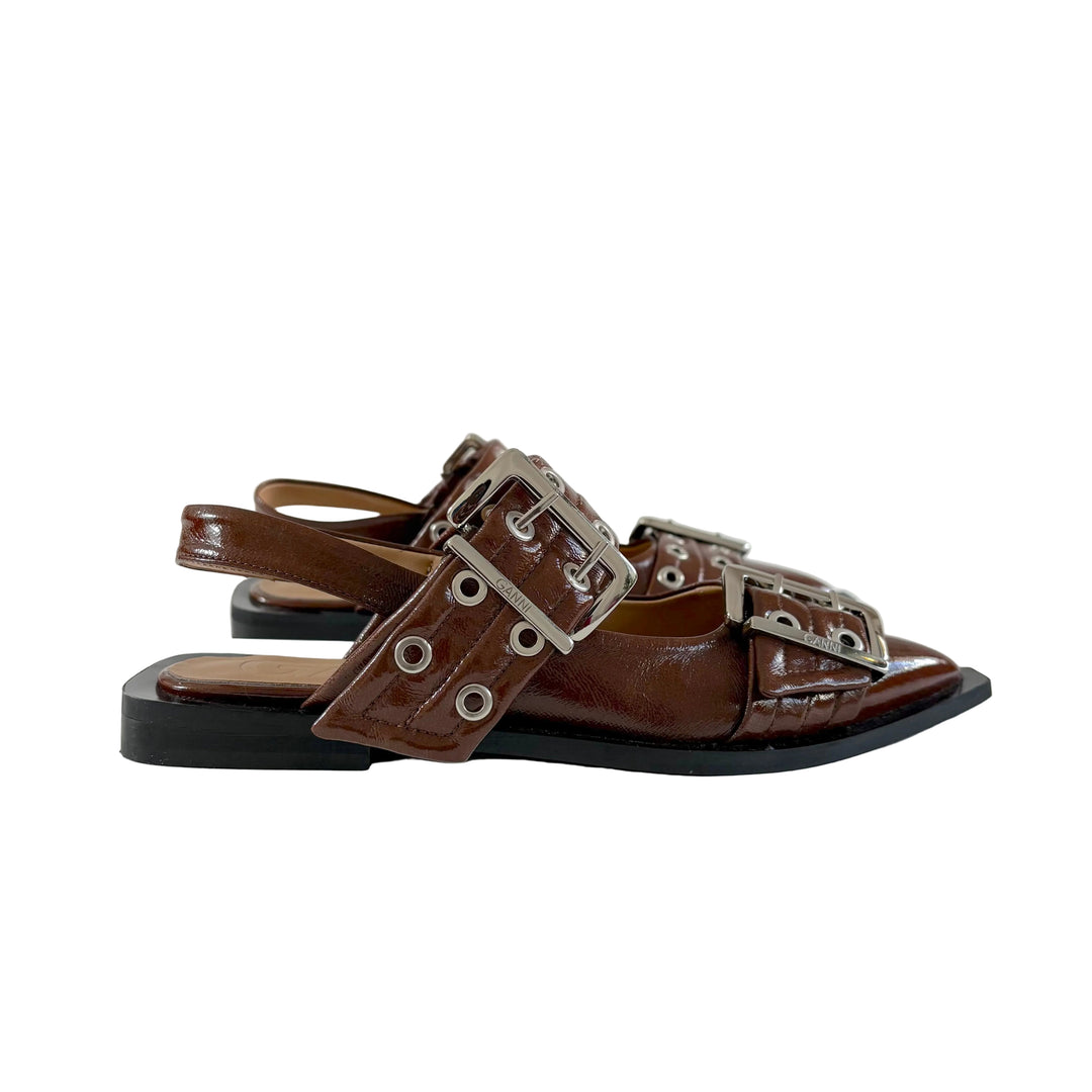 Ganni Brown With Silver Buckle Ballerina Leather Pointed Shoes, Size 36