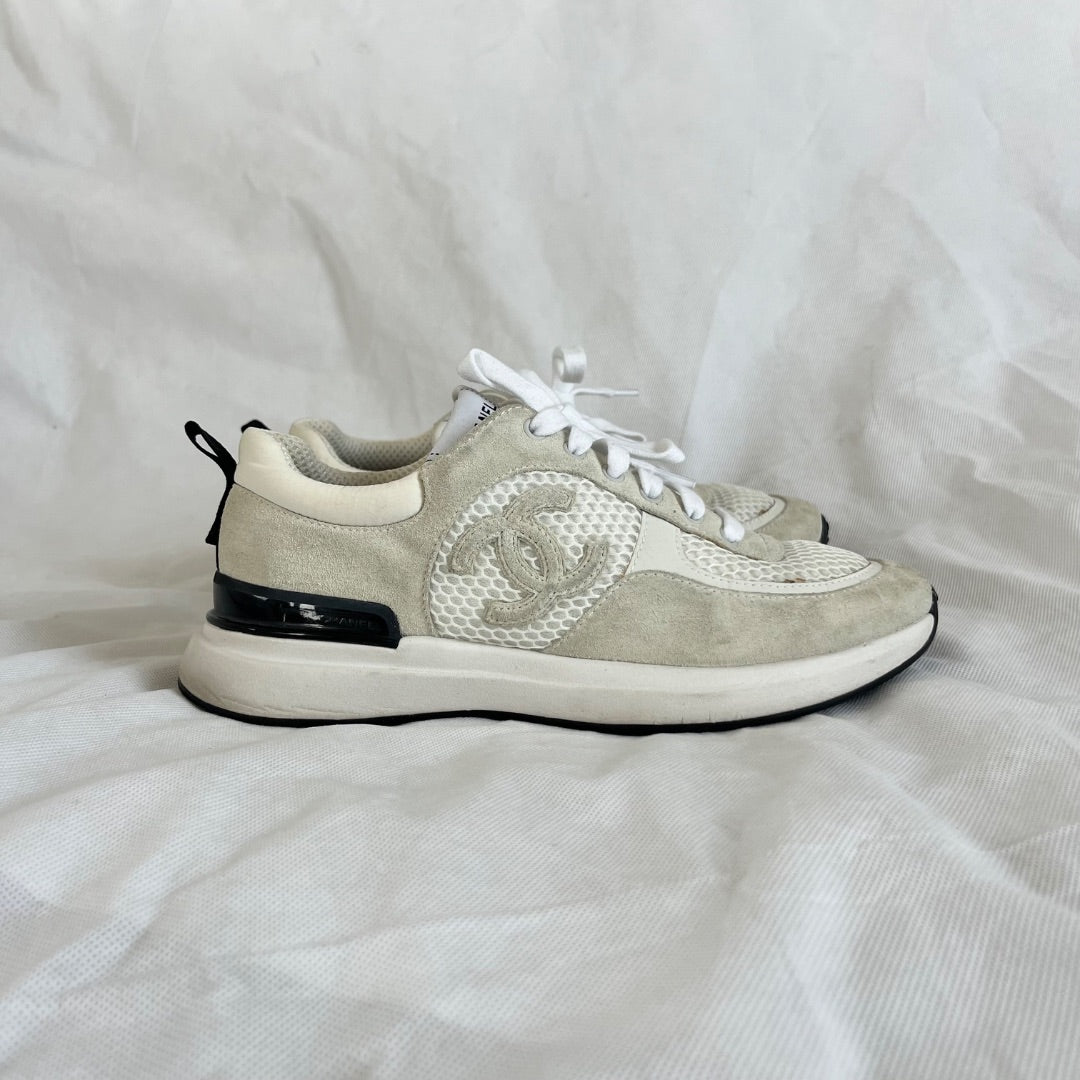 Chanel White/ Grey Mesh and Suede CC Low Top Sneaker Shoes, 38.5
