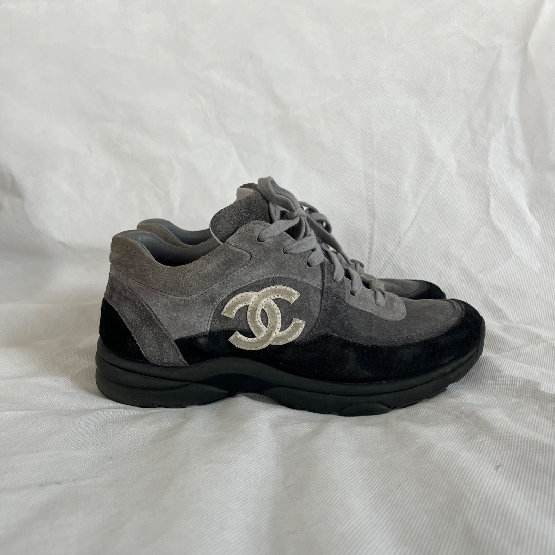 Chanel Grey and Black Suede Sneakers, 38