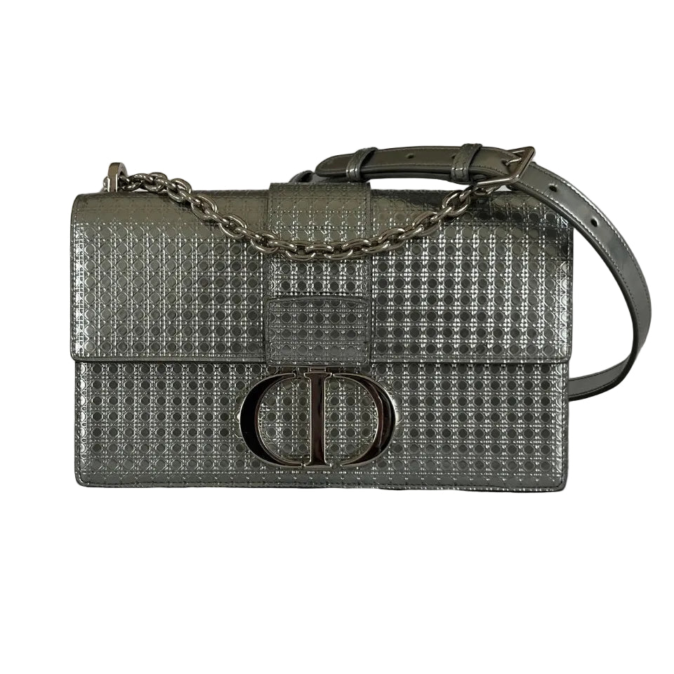 Christian Dior Silver Micro Cannage Leather Montaigne Flap Chain Cross Body Bags