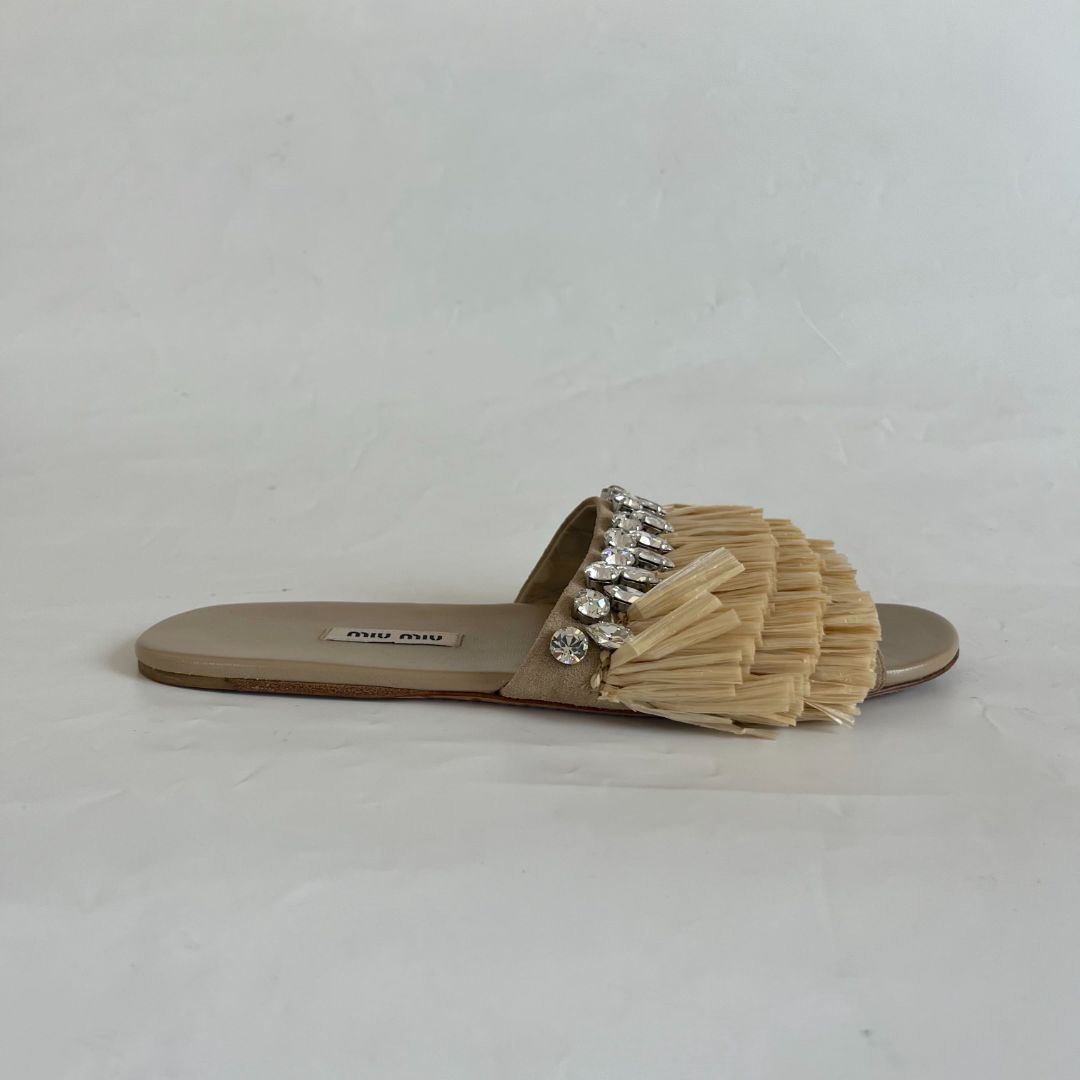 Miu Miu Natural Crystal-embellished Fringed Leather Slides, 38