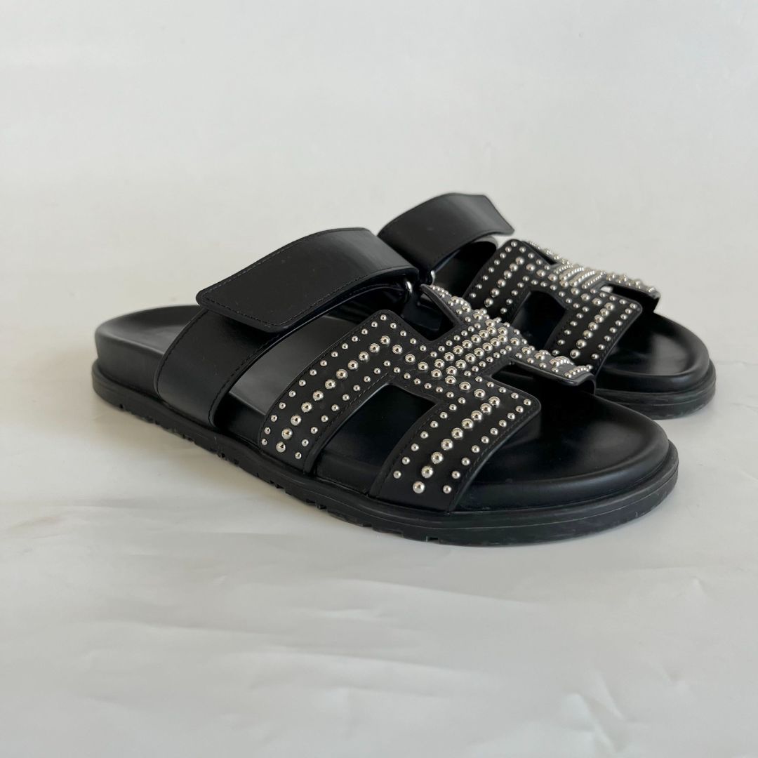 Hermès Chypre Black Studded Sandals, 37