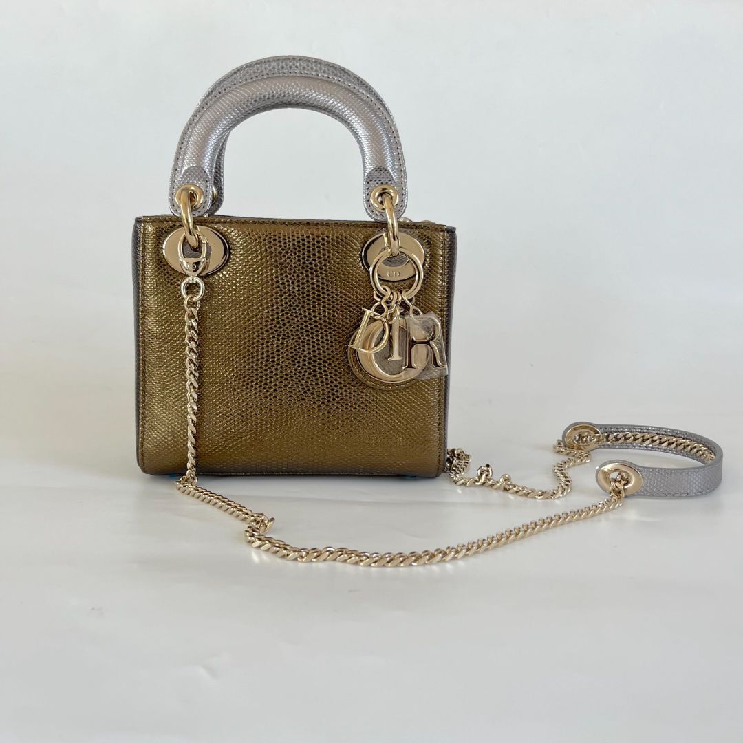 Dior Mini Lady Lizard Print Chain Shoulder Bag Metallic Gold