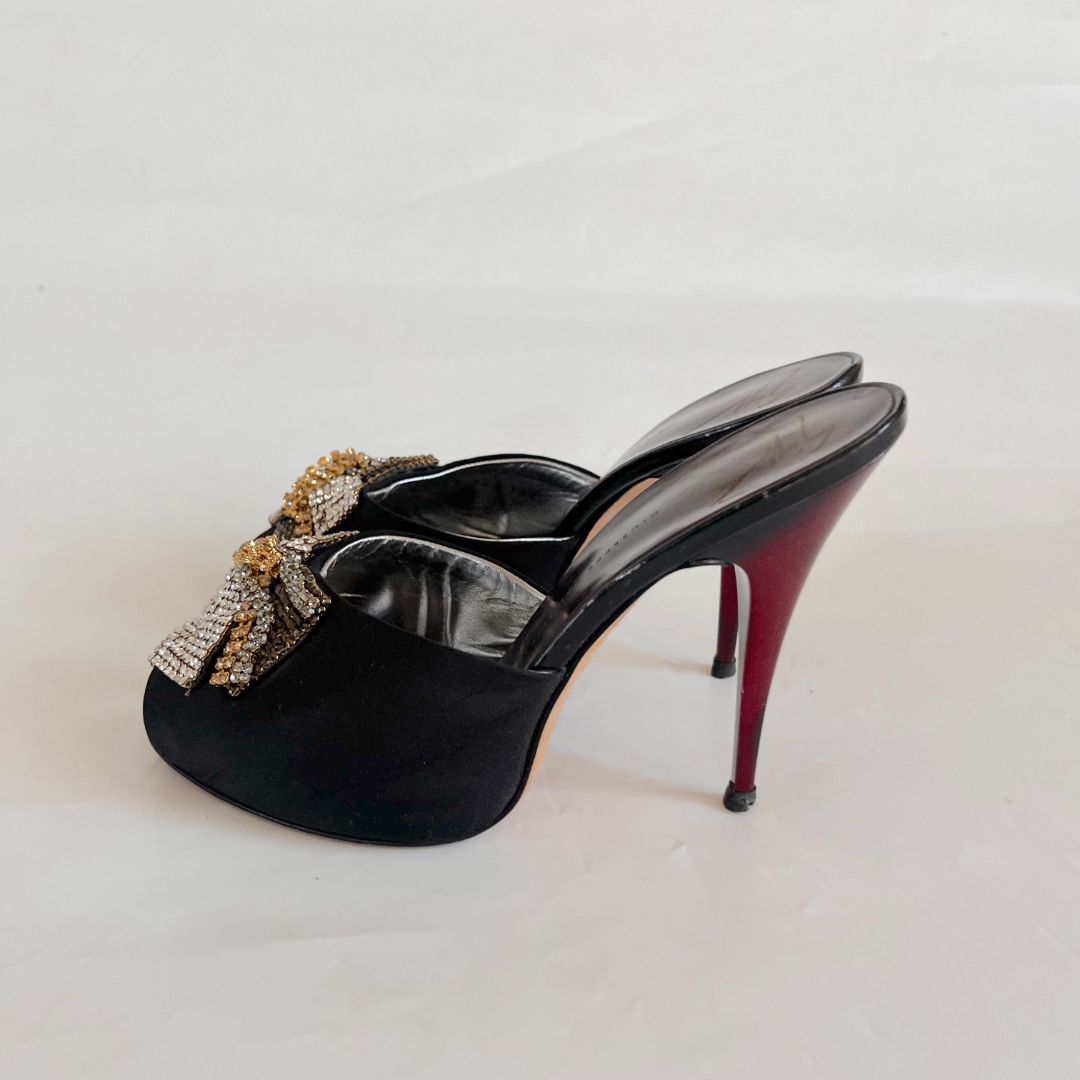 Giuseppe Zanotti Black Satin Mule with Crystal Embellished Detail, 38.5