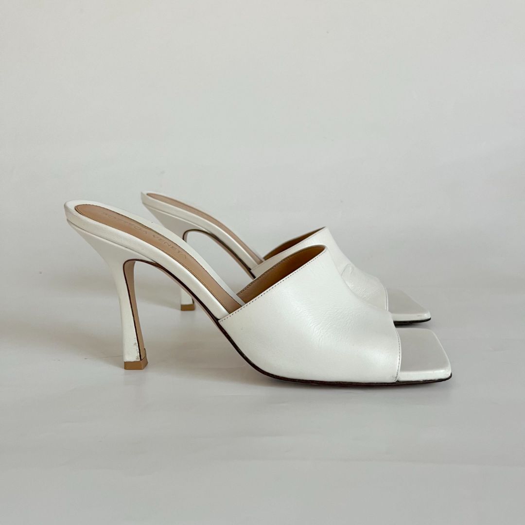 Bottega Veneta White Stretch Mule Sandals, 38.5