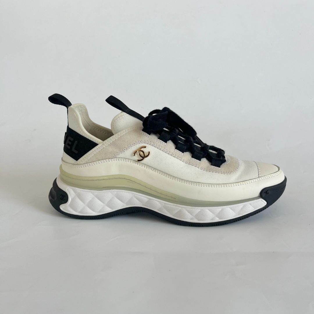 Chanel Tricolor Leather, Suede and Fabric CC Low Top Sneakers, 38.5