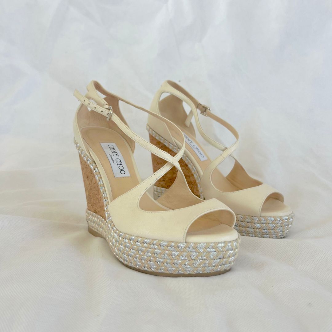 Jimmy Choo White Dakota Leather Espadrille Wedge Sandal
