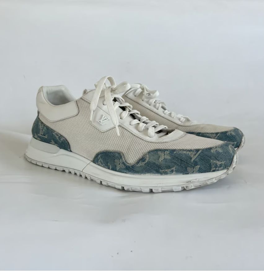 Louis Vuitton white sneakers with blue monogram denim trim