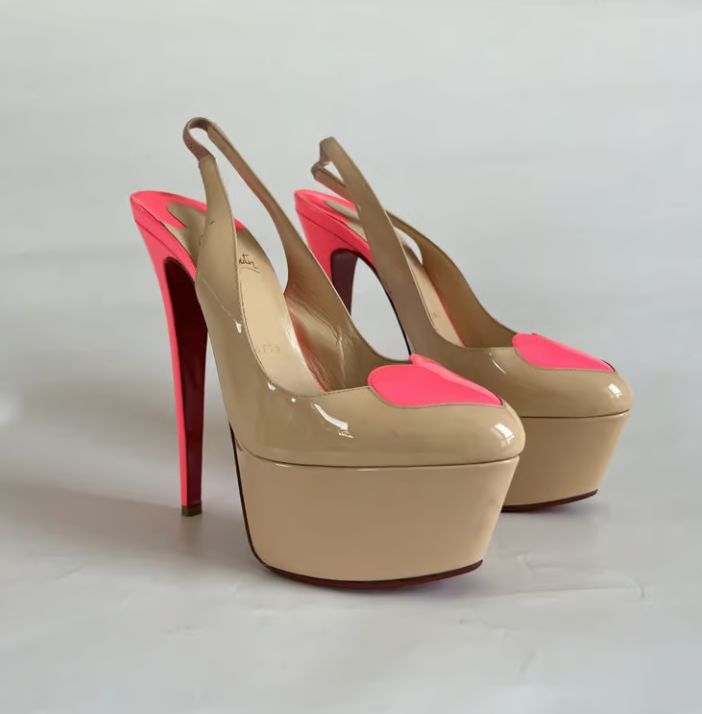 Christian Louboutin Patent double platform pumps with hot pink heart detail and hot pink heel