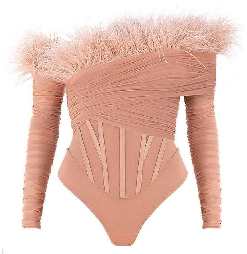 House of CB blush off shoulder feather bodysuit