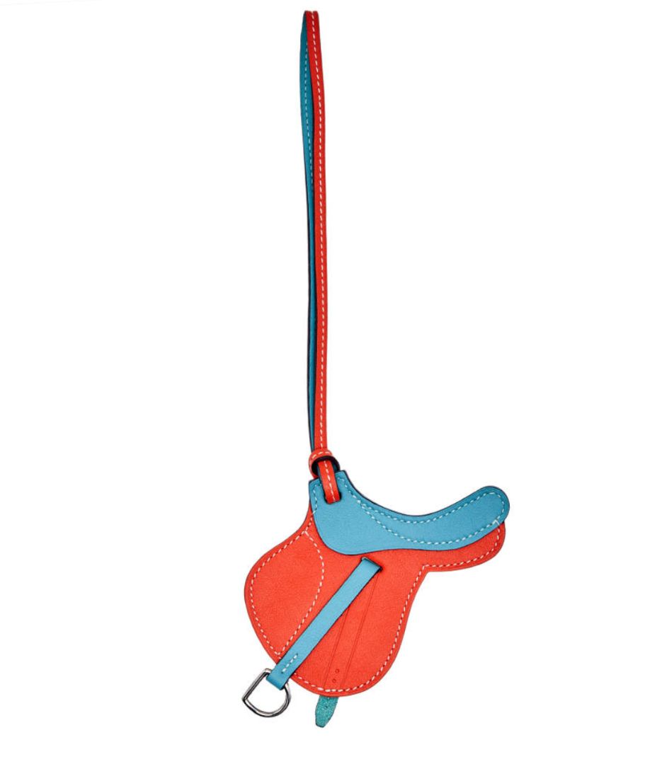 Hermès Hermes Orange Poppy/Blue Jean Swift Leather Paddock Selle Saddle Bag Charm