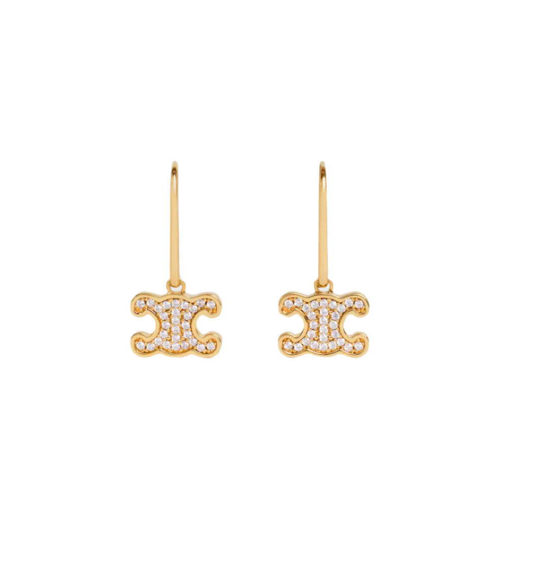 Celine Triomphe Rhinestone Earrings in Brass with Gold Finish and Crystals