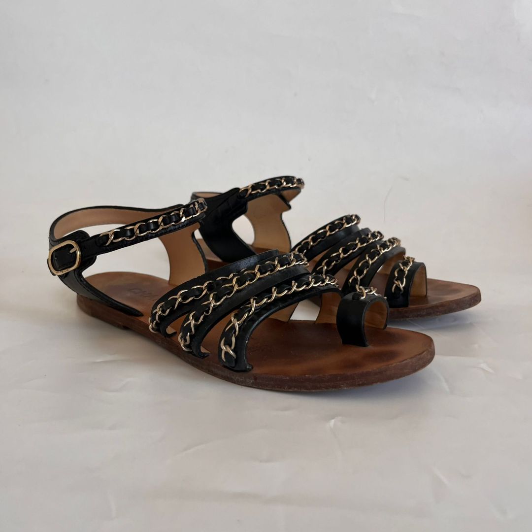 Chanel Black Leather Goldtone Chain Gladiator Sandals, 38