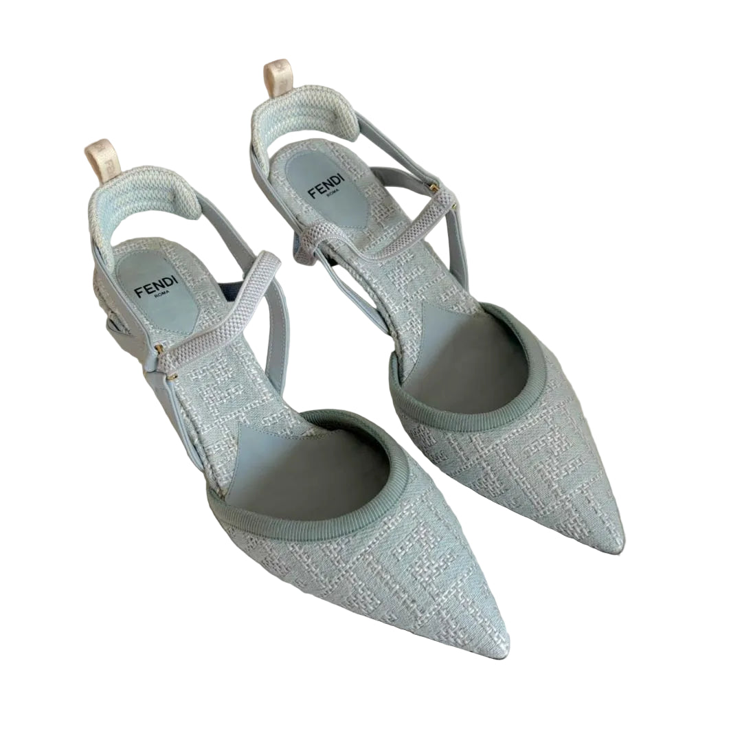 Fendi slingback tessuto jacquard rafia FF pale blue pumps, size 38