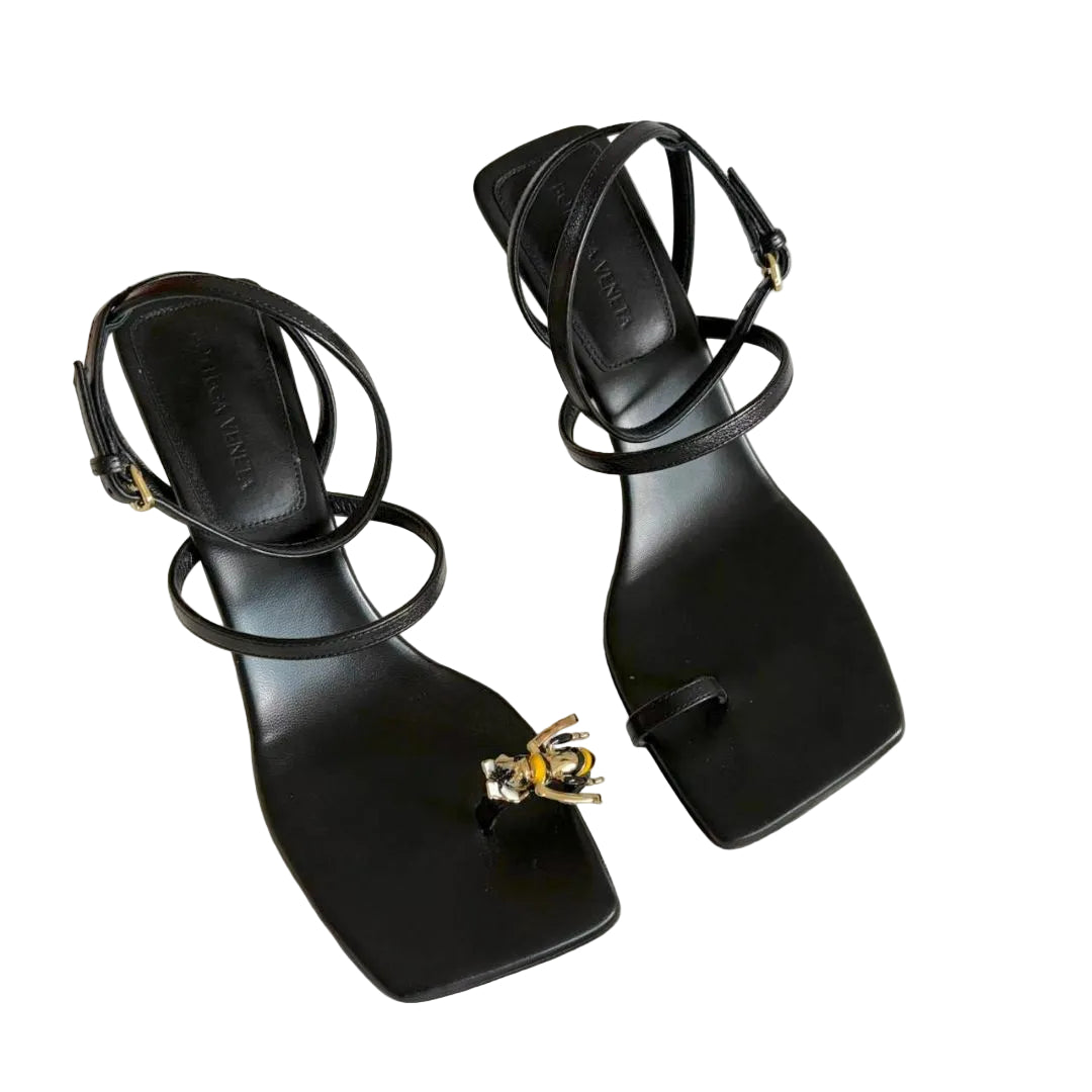 Bottega Veneta black leather toe strap strappy sandal heels, size 39 brand new