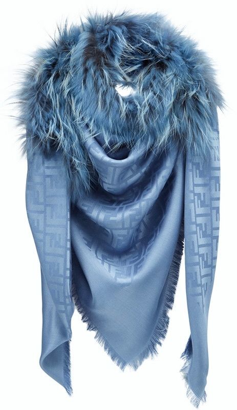 Fendi Zucca Pattern Silk Wool Fur Trimmed Scarf