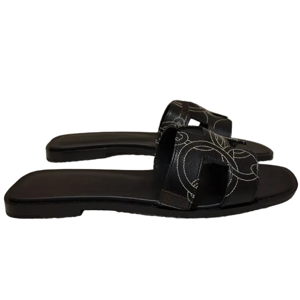 Hermès Oran Sandal in Panoplie Equestre Embroidered Calfskin, size 38