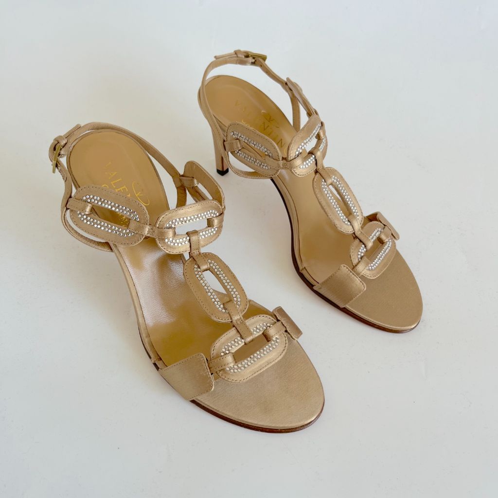 Valentino beige satin mid heel pumps with crystals, 38
