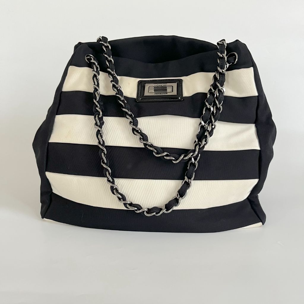 Chanel black and white ridged satin shoulder bag