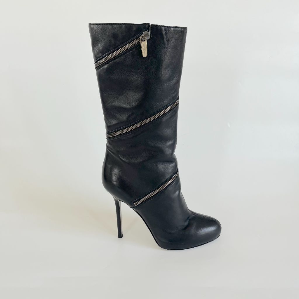 Sergio Rossi black leather knee high heeled boots, 38.5