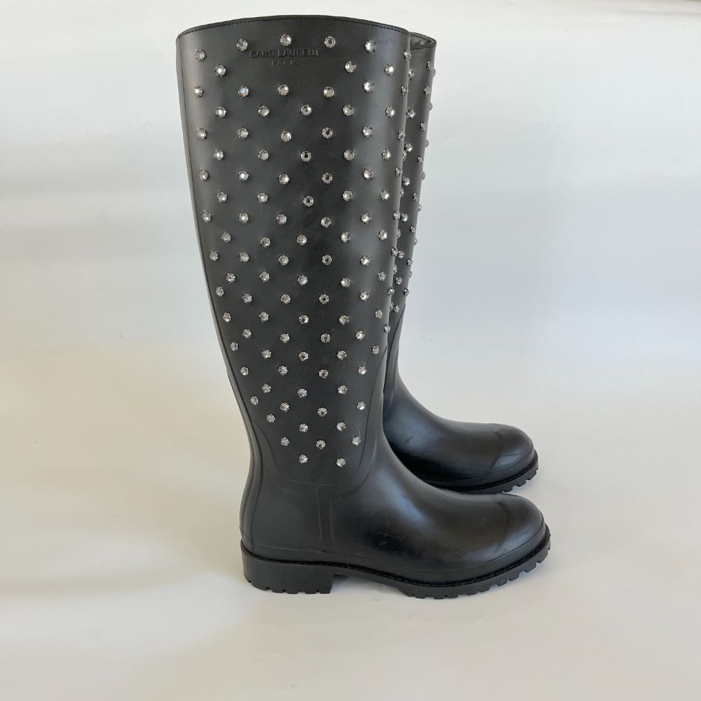 Saint Laurent Black Rubber Women Rain Boots With Crystal Studs, 37