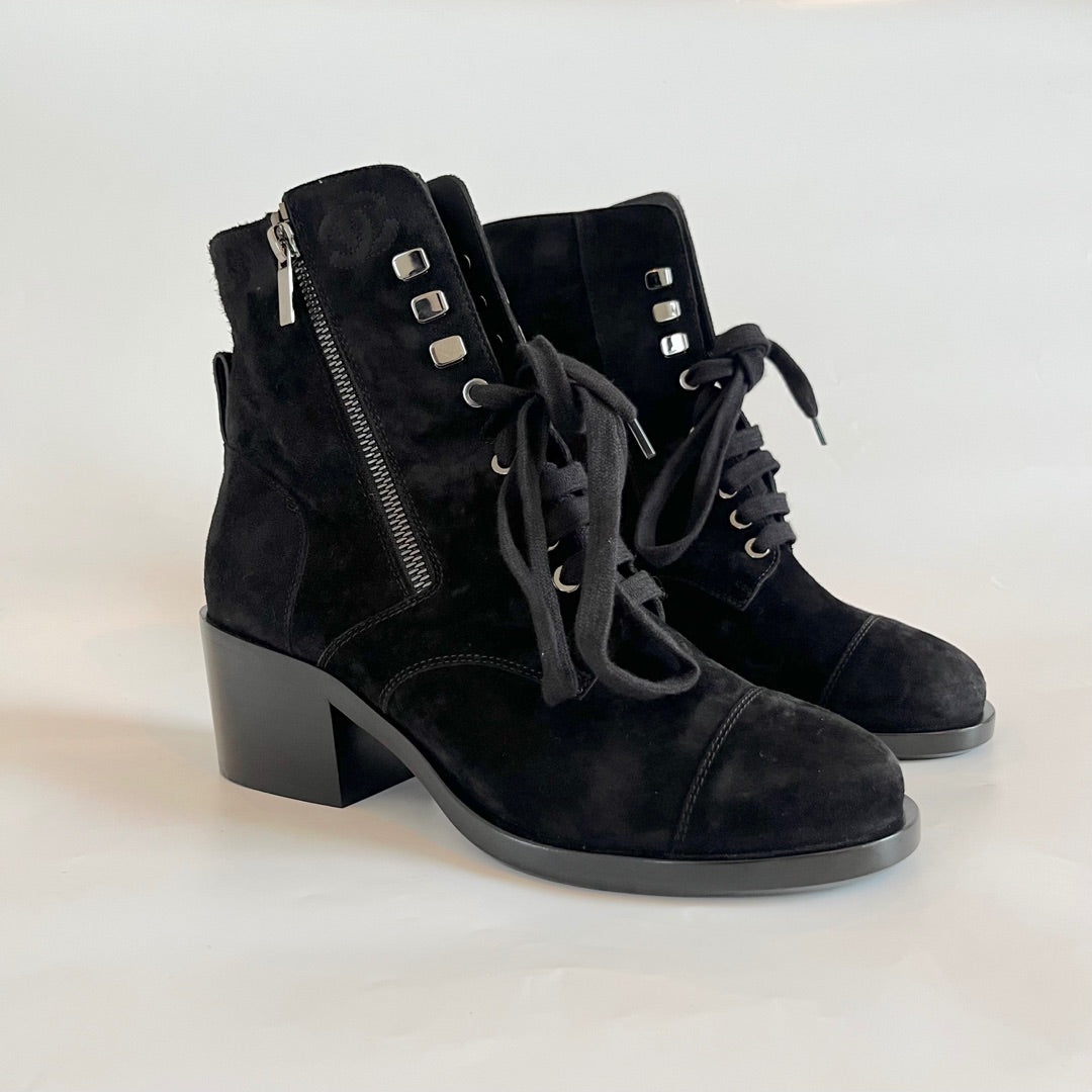 Chanel black suede heeled lace up boots, size 38.5C