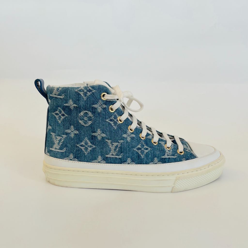 Louis Vuitton blue denim monogram high top sneakers, 36