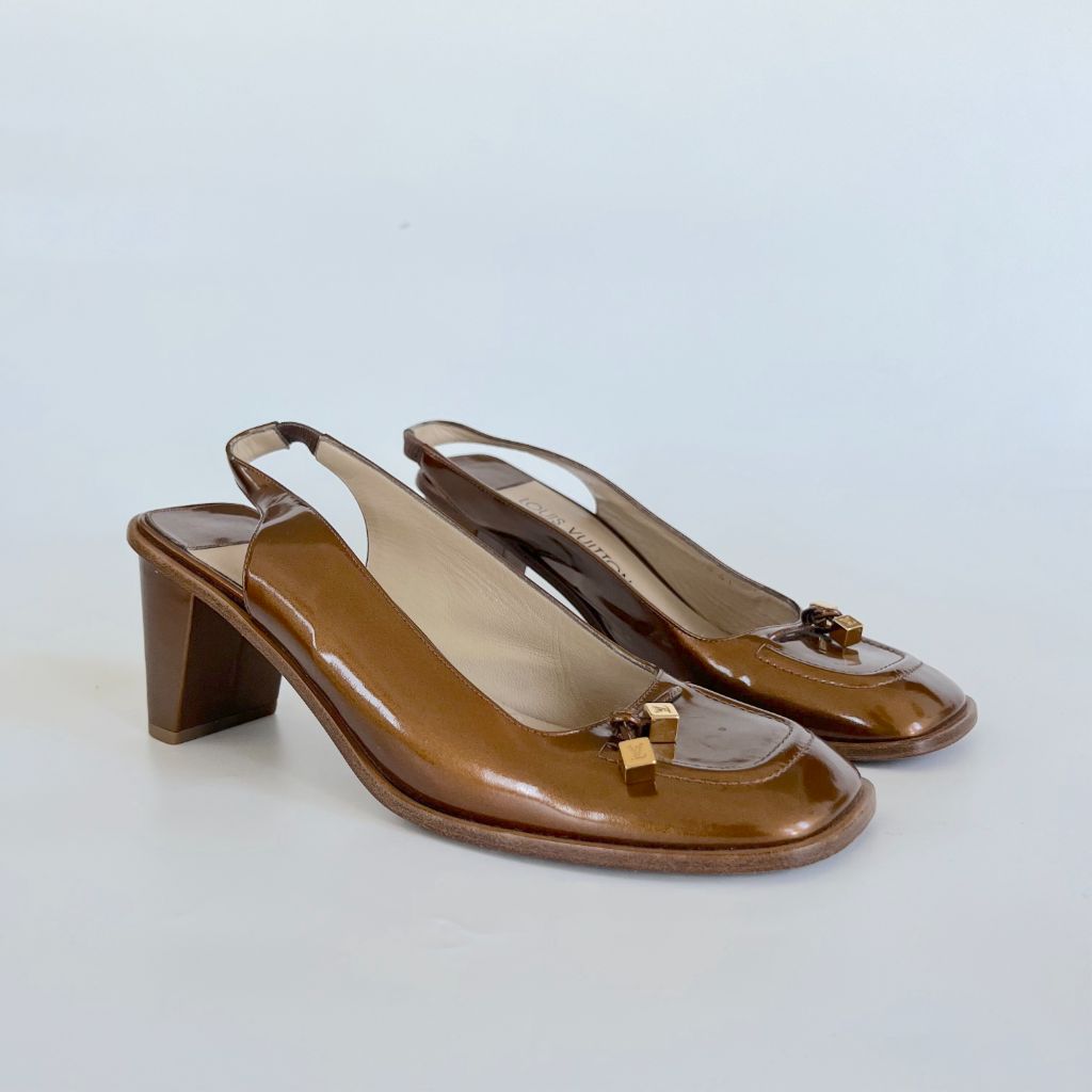 Louis Vuitton bronze square toe patent leather slingback pumps, 38.5