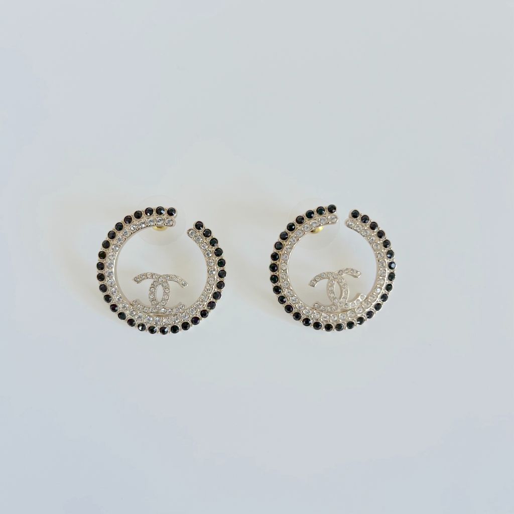 Chanel large round black and white crystal earrings